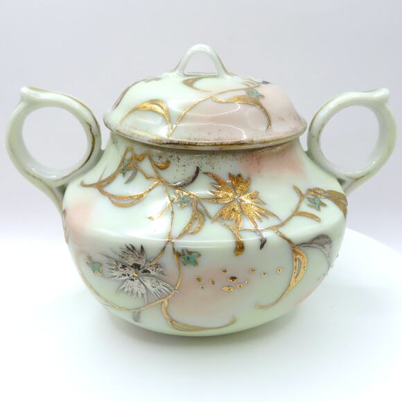 Vintage Nippon Style Moriage Creamer & Sugar Bowl Set Hand Painted Gold Floral - Picture 2 of 16